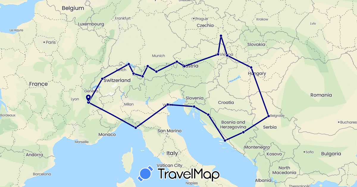 TravelMap itinerary: driving in Austria, Bosnia and Herzegovina, Switzerland, Czech Republic, Germany, France, Croatia, Hungary, Italy, Liechtenstein, Serbia, Slovakia (Europe)